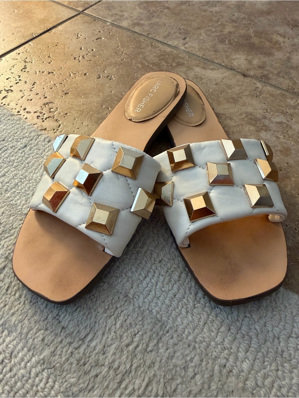 Marc Fisher White Leather Slide Sandals with Gold Pyramid Studs